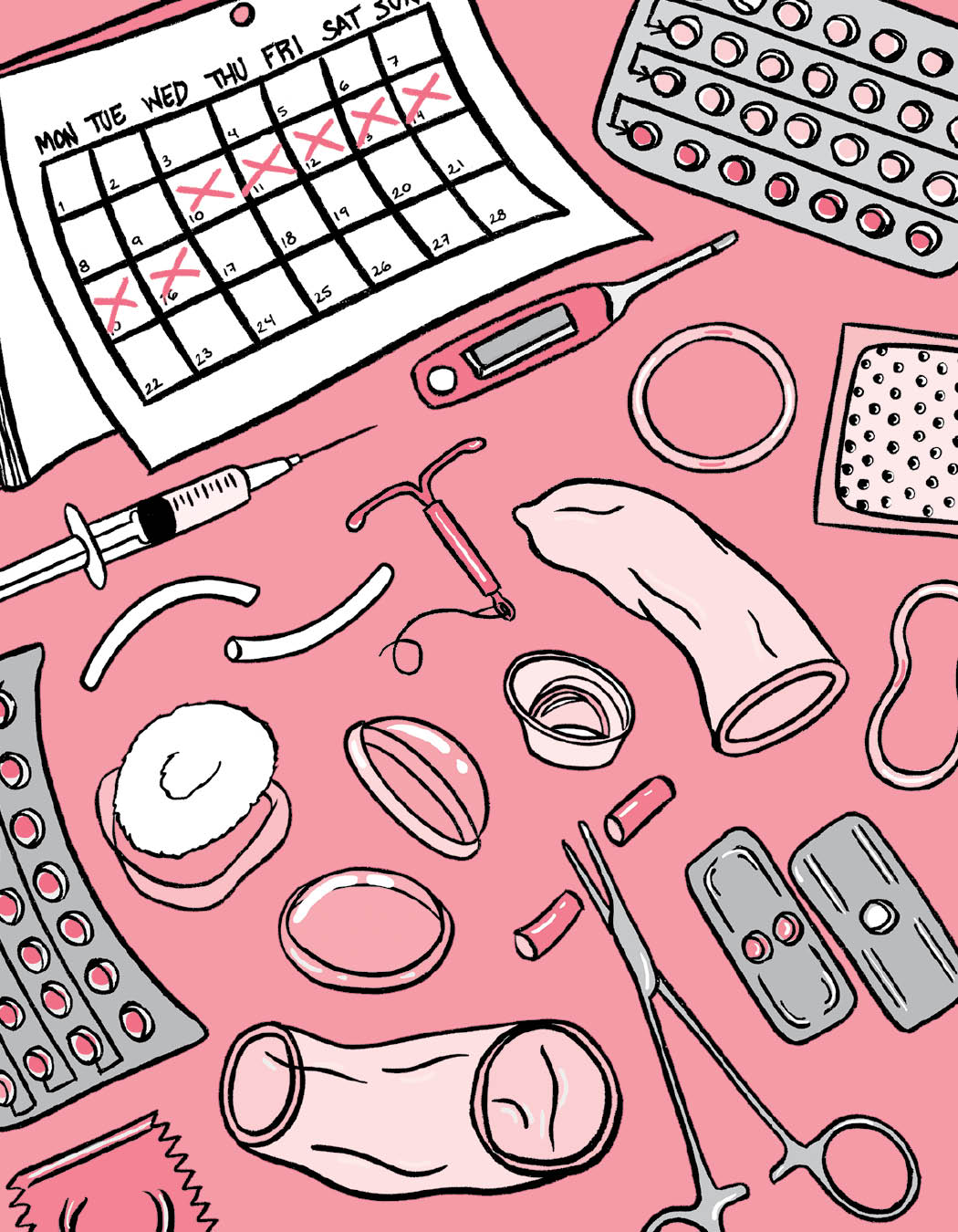 Illustration of birth control methods by María Conejo from Pussypedia