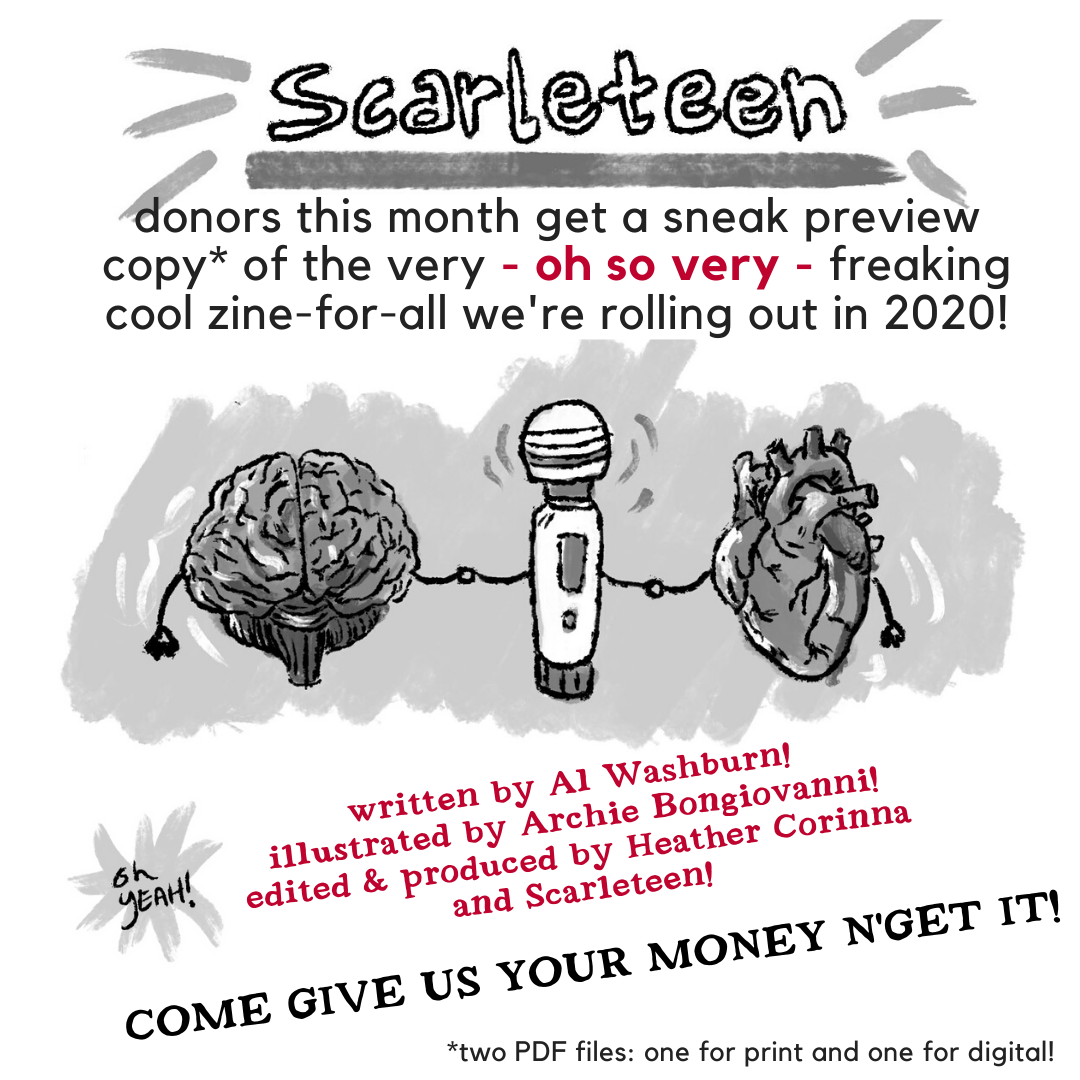An image that shows you how cool our new zine is, and also has an anatomically-correct brain, heart and Hitachi wand holding hands!